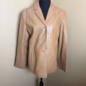 Reaction Kenneth Cole Women L Tan 100% Leather Blazer Jacket Button Lined